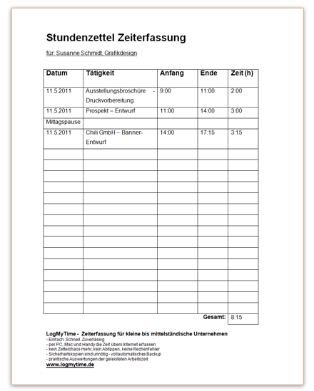 Formular Stundenzettel